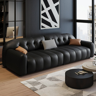 CBD家居头层真皮沙发客厅组合黑色中古风一字型直排组合沙发