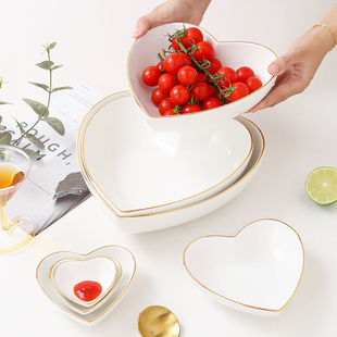 高颜值金边陶瓷爱心碗创意家用水果，沙拉碗汤碗燕麦酸奶甜品碗餐具