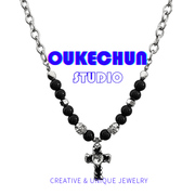 oukechun黑色十字架串珠拼接项链，男ins嘻哈小众，轻奢个性毛衣链女