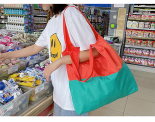 撞色拼接购物袋超轻便携折叠时尚，超市大容量袋子单肩手提买菜大包