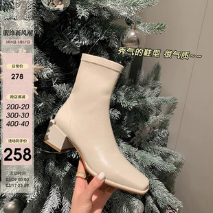 一力米灰高级感时尚法式小短靴女2023年秋冬方头，粗跟及踝靴子