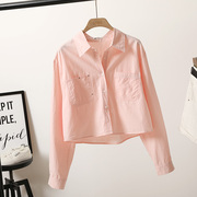 初夏韩版短款粉红色两口袋长袖衬衫女纯棉时尚休闲上衣JYL372