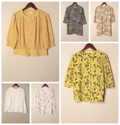 vintage复古夏季雪纺长，短袖花色清凉圆领，短袖衬衫百搭y54