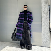 冬季撞色紫色格纹加厚毛呢大衣，男中长款设计感韩版重磅双排扣外套