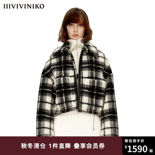 设计师品牌 IIIVIVINIKO冬黑白格短款保暖羊毛大衣