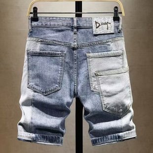个性时尚牛仔短裤男夏季薄款潮流，拼接多口袋修身破洞补丁五分马裤