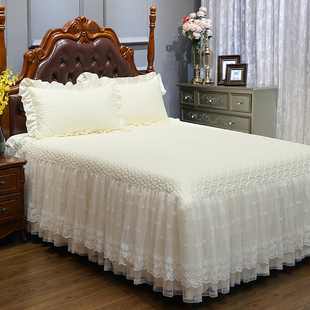 好梦连连轻奢床单床裙纯棉，床罩白色蕾丝欧式夹棉全棉，四季通用床盖