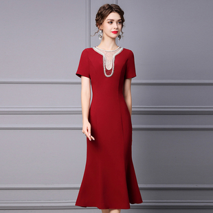 枝荔酒红色连衣裙正式场合，钉珠修身长款荷叶，边裙子2024年夏装