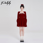 法式红色方领灯笼袖连衣裙，冬季挂脖设计甜美收腰小个子裙女装