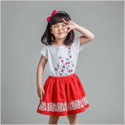 4-6岁女夏季半袖 可爱公主学院风纯棉儿童印花短袖T恤+红色裙套装