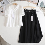 诗系!气质减龄泡泡袖，白色衬衫搭配高腰，显瘦黑色半身裙两件套装女