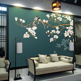 定制壁画8d新中式玉兰花鸟壁纸，画客厅电视，背景墙卧室璧布沙发墙布