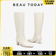 BeauToday长筒靴女2024高跟靴复古骑士靴英伦风马丁靴时装靴