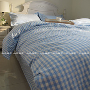加厚全棉老粗布床单单件，被套纯棉床上用品，家纺格子学生宿舍蓝色