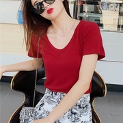 韩国东大门夏季显白酒红色，气质性感修身简约v领短袖t恤女上衣