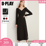 dplay新法式(新法式)优雅赫本风经典黑v领闪钻连衣裙小黑裙轻礼服