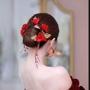 时尚绢花发夹套装后区结婚礼服饰旗袍新娘头饰森系红色玫瑰花对夹