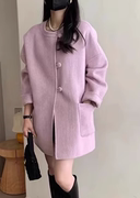 紫色双面羊绒大衣女圆领包扣中长款小个子长毛双面羊毛呢外套