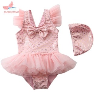 女宝宝可爱泳装女童，连体裙式2-8岁3小女孩纱裙，粉色美人鱼游泳衣服