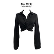 Ms XIDU 黑色纽结绑带蝴蝶结短款修身v领长袖衬衫上衣显瘦夏季女
