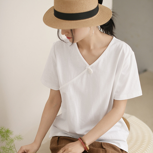 文艺纯棉新中式短袖盘扣t恤女夏季复古v领白色，中国风上衣女装t衫