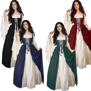 欧美复古长袍连衣裙文艺复兴，绑带束腰宫廷，中世纪礼服舞台演出服装
