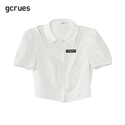 gcrues领口镂空衬衫夏季小个子，短款白色泡泡袖，上衣女设计感