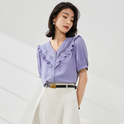 曼贝紫色短袖衬衫女2024夏季V领遮肚子上衣气质法式高端雪纺衬衣