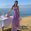 超仙夏季紫色仙女雪纺连衣裙，性感露背荷叶，边吊带裙鱼尾裙度假裙子