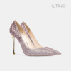 HLTINO婚宴鞋2024年春季紫色高跟鞋女细跟亮片尖头浅口单鞋子