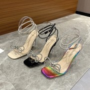 Lazada Women Sandals外贸蝴蝶结水钻透明高跟一字带仙女彩色凉鞋