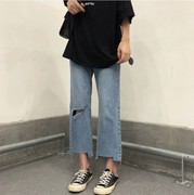 2025大码女裤坠感阔腿裤牛仔裤破洞适合胯大腿粗的裤子女宽松显瘦