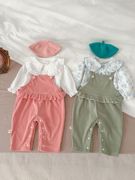 女宝宝秋装背带裤套装，洋气婴幼儿纯色背带裤，+韩版衬衫上衣两件套