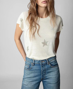 23春夏法国小众ZV星星图案烫钻亚麻圆领女式短袖T恤衫两个色