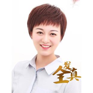 妈妈假发女短发套自然中老年女士，短卷发圆脸真人发丝全头套真发式