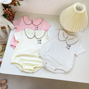 夏季婴儿可爱短袖娃娃领纯色圆点三角哈衣0—1岁女宝宝棉薄款爬服