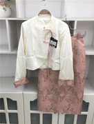 国风新中式汉服两件套刺绣花白色，衬衫小西装外套，+印花过膝中长裙