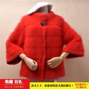 冬季加厚ins长毛貂绒红色半高领条纹宽松七分喇叭袖外套毛衣女24
