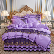 欧式床罩床裙式四件套，纯棉公主风蕾丝，花边双人被套磨毛床上用品q.