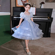 儿童蓝色晚礼服公主裙女童主持人钢琴演出比P赛走秀花童长袖洋装