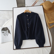 阔系!藏蓝色开衫，毛衣2023秋冬泡泡袖，圆领针织衫长袖短款上衣
