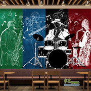 复古音乐墙纸乐队人物壁画，艺校餐厅酒吧背景，墙布琴行乐器壁纸