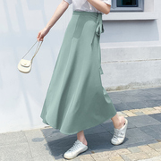 韩版系带高腰雪纺一片式半身裙女夏中长款ins超火的a字沙滩裹裙子