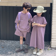 2024夏款韩国ins男女儿童亲子姐弟兄妹装条纹短袖短裤套装＋T恤裙