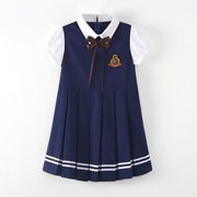 春夏女童衬衫领假两件连衣裙学院风短袖演出服儿童可爱园服