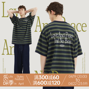 warmtreesloveandpeaceand，noboss藏青军绿条纹，短袖t恤