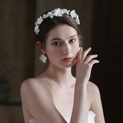o599欧美陶瓷花新娘发饰，高端白色优雅森系发箍耳饰套装结婚头饰