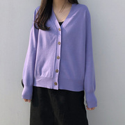 温柔风淡紫色毛衣开衫ins洋气减龄v领单排扣针织衫香芋紫毛衣外套