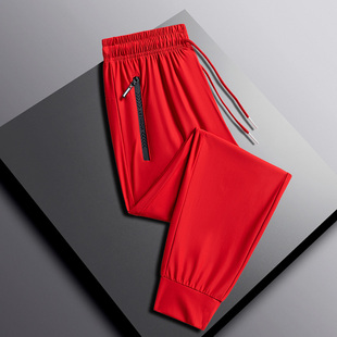 大红色冰丝裤子男休闲裤夏季薄款透气束脚运动裤弹力速干跑步长裤