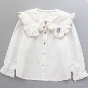 女童衬衫纯棉2024春装儿童洋气娃娃领白色打底衬衣小女孩上衣